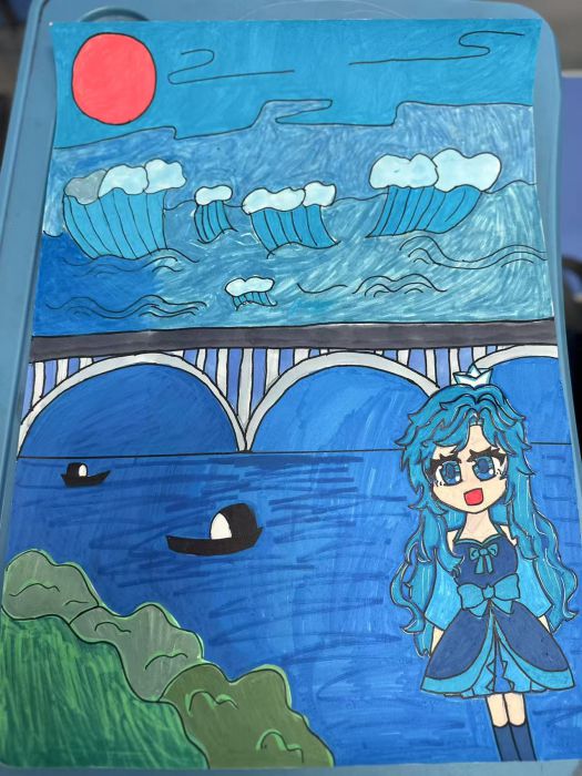 蓝韵江景与少女